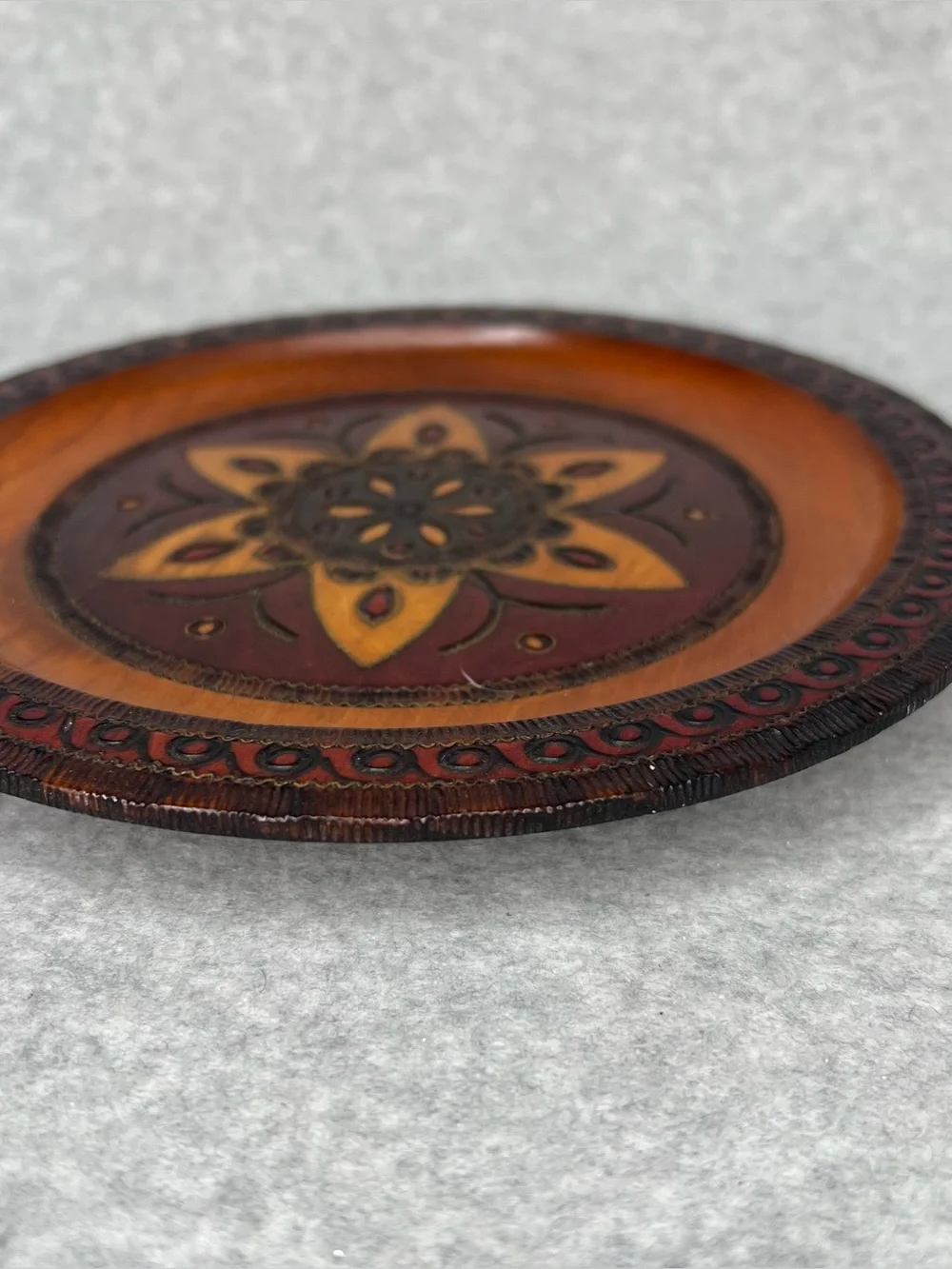 Vintage Decorative Ornate Carved Wooden Folk Art 8” Plate Polish